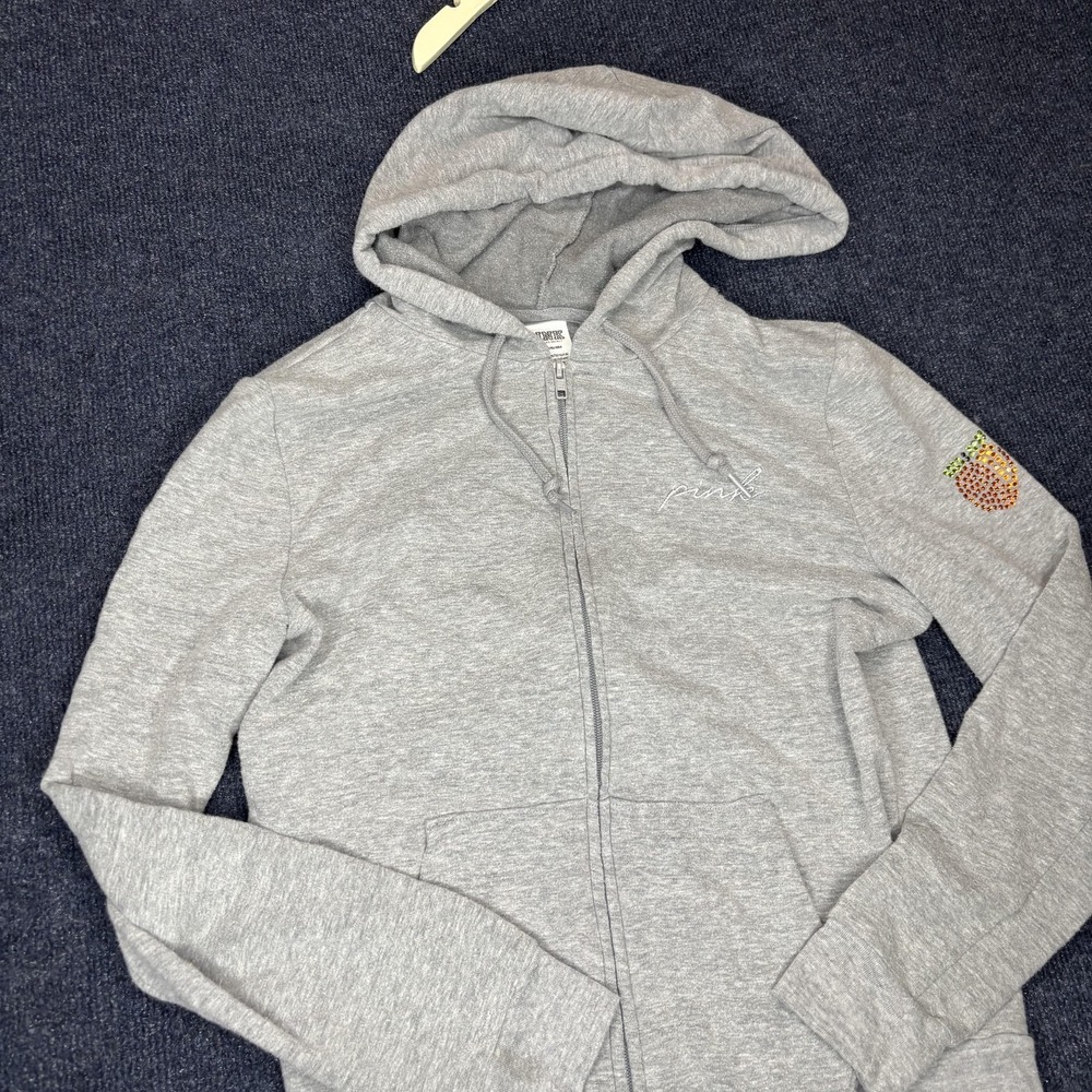 PINK Victorias Secret Hoodie Womens Small Gray Zip‎ Up Rhinestone Pumpkin